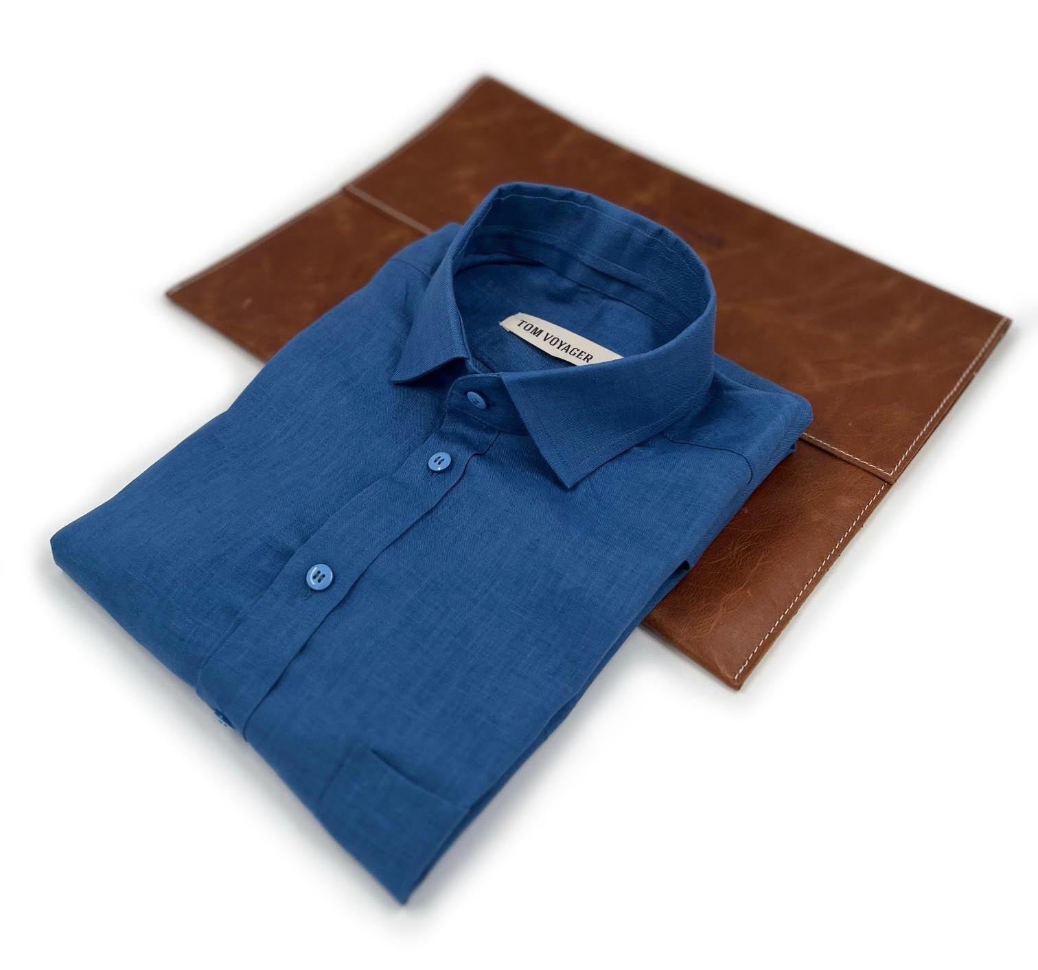 Athens Linen Shirt - Mens Shirt - Short Sleeve Shirt - Blue - Fold up - Tom Voyager