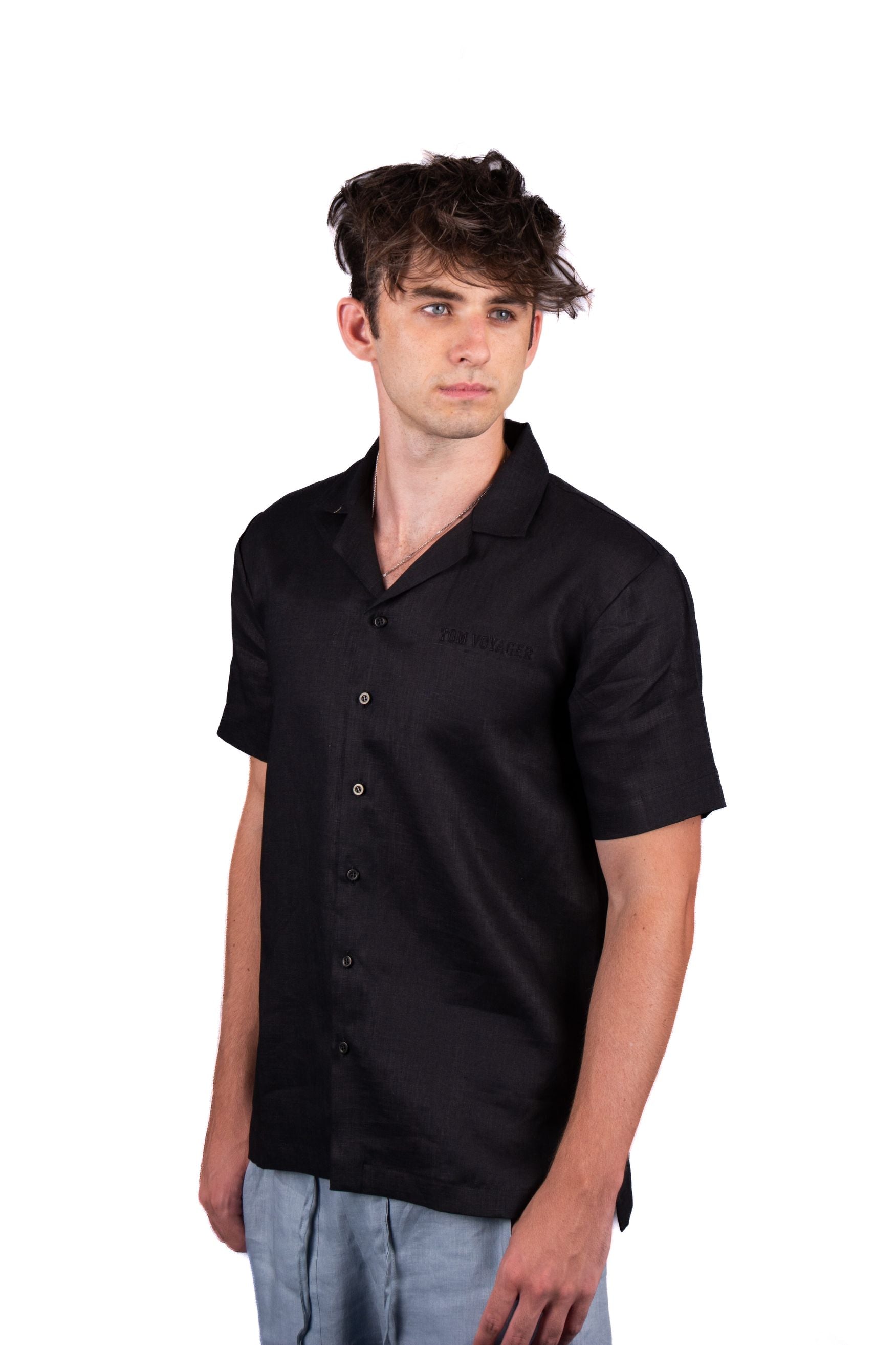 Austin Linen Shirt - Short Sleeve Shirt-mens shirt - Black - Tom Voyager
