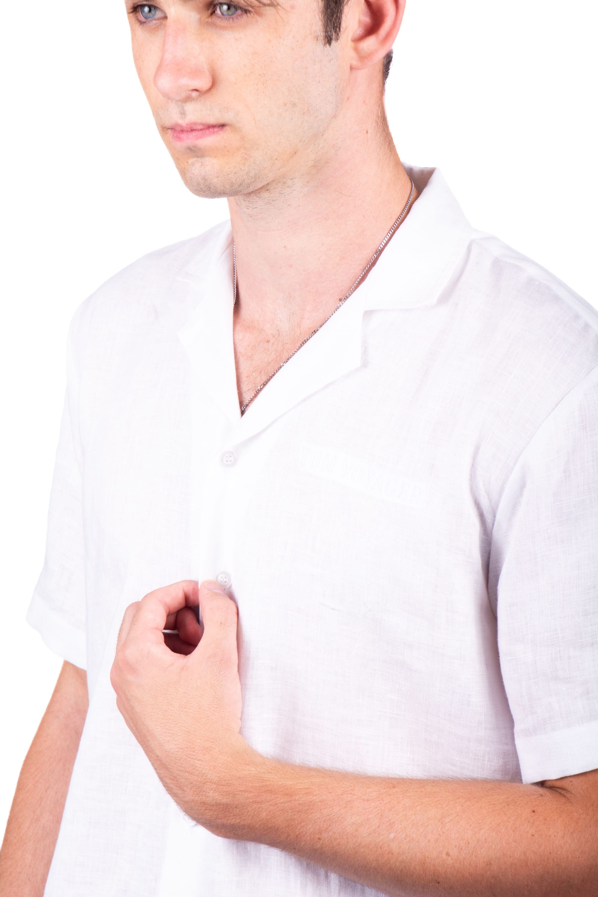 Austin Linen Shirt - Short Sleeve Shirt-mens shirt - white closeup - Tom Voyager