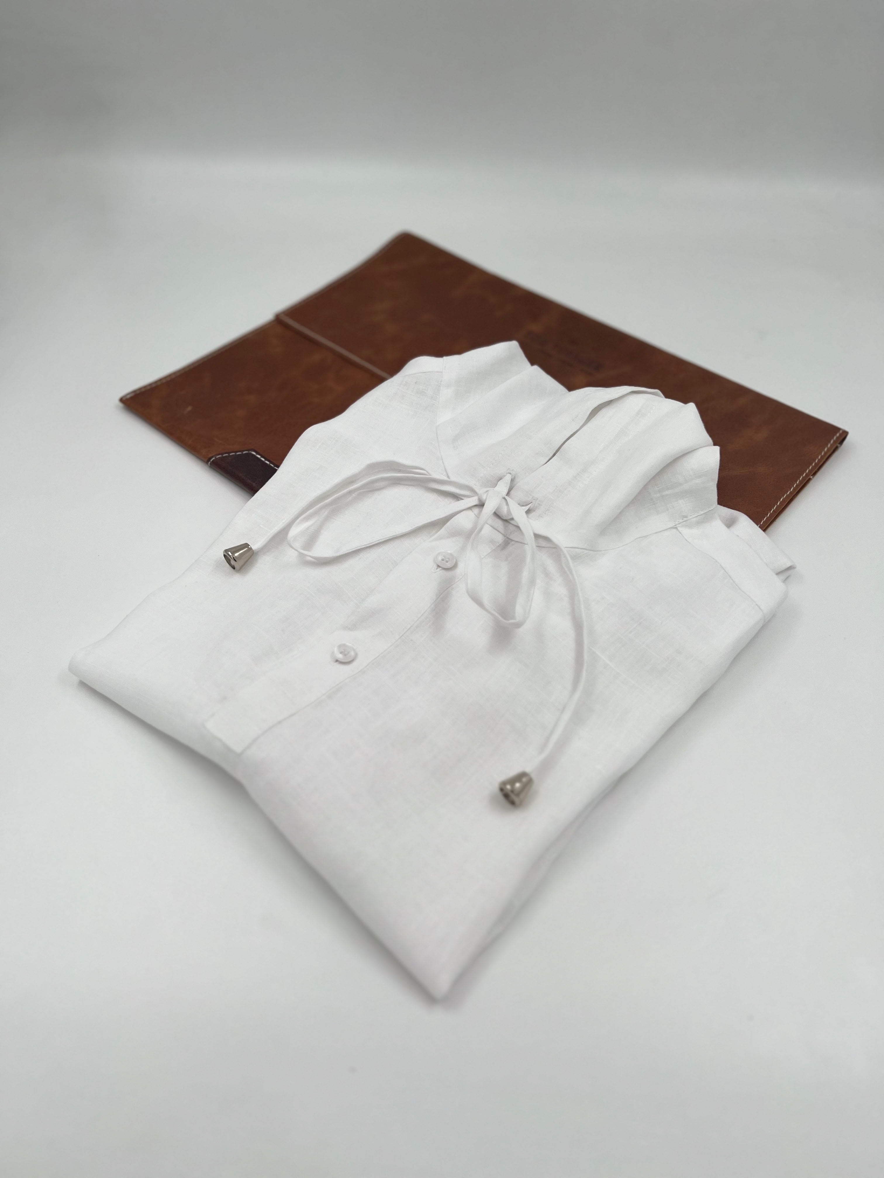 Madrid Linen Hoodie Shirt - Long Sleeve - White - Men's shirt- Tom Voyager SA - folded