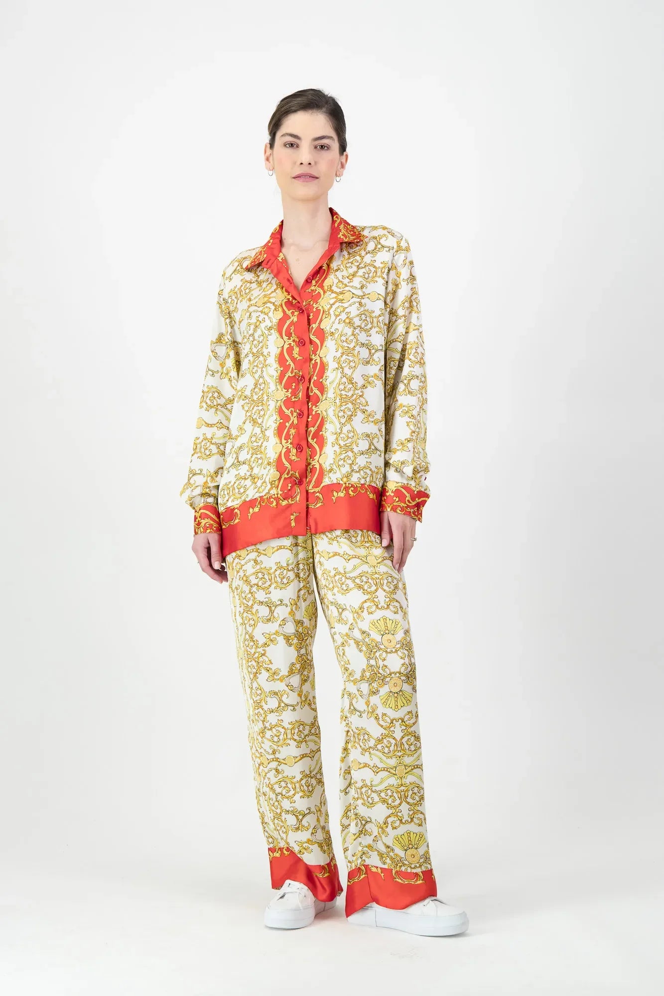 Tom Voyager Roselle Luxe Shirt - gold baroque print with red trim