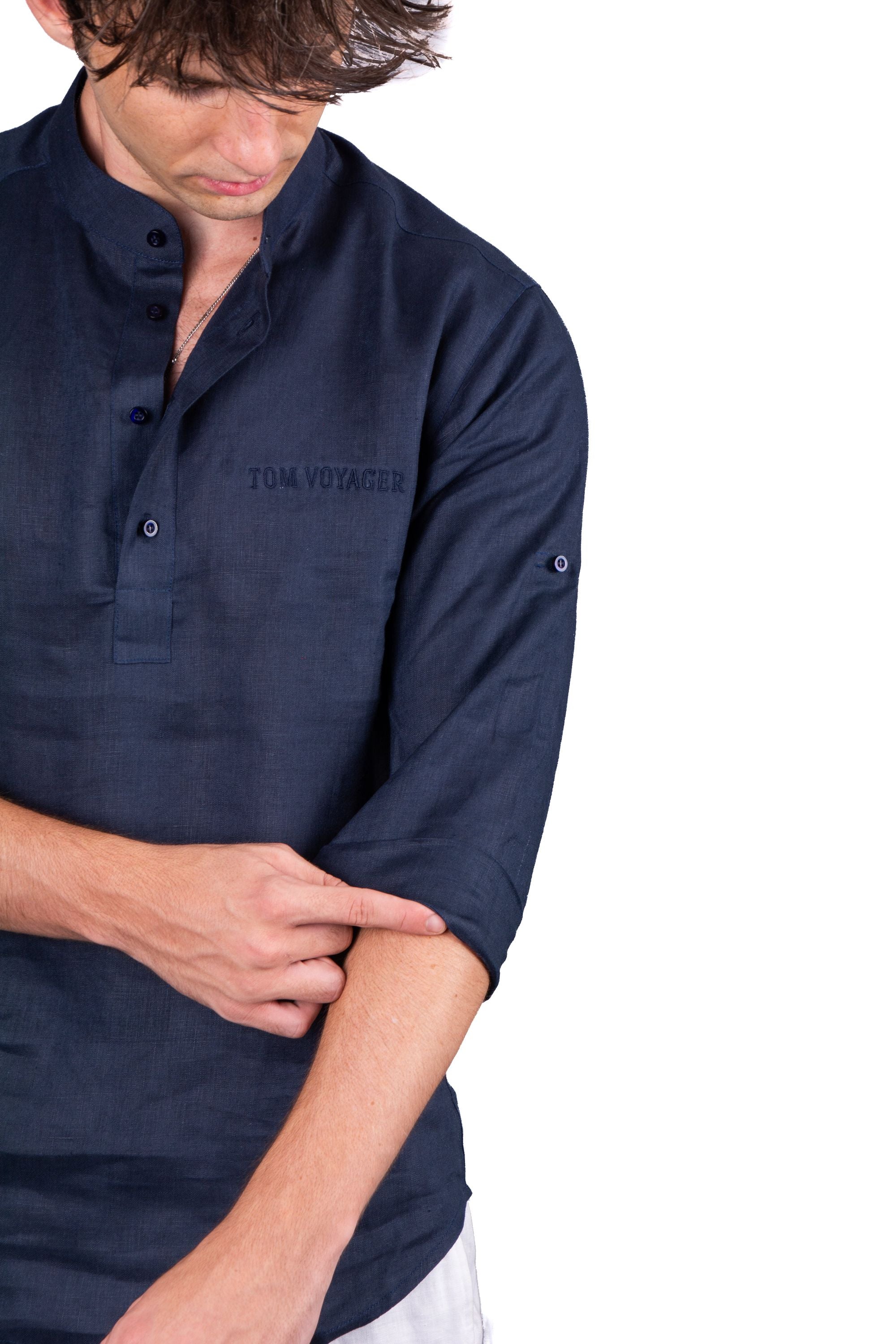Flush mens linen shirts - linen shirts - navy blue - close up - stylish and perfect for every occasion
