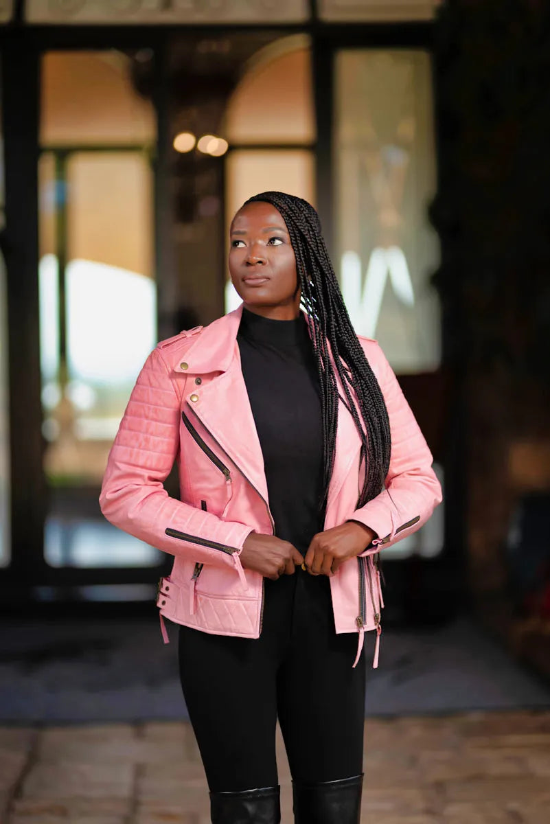 Pink leather jacket front