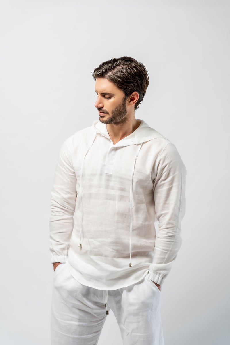 Madrid Linen Hoodie Shirt - Long Sleeve - White - Men's shirt- Tom Voyager SA