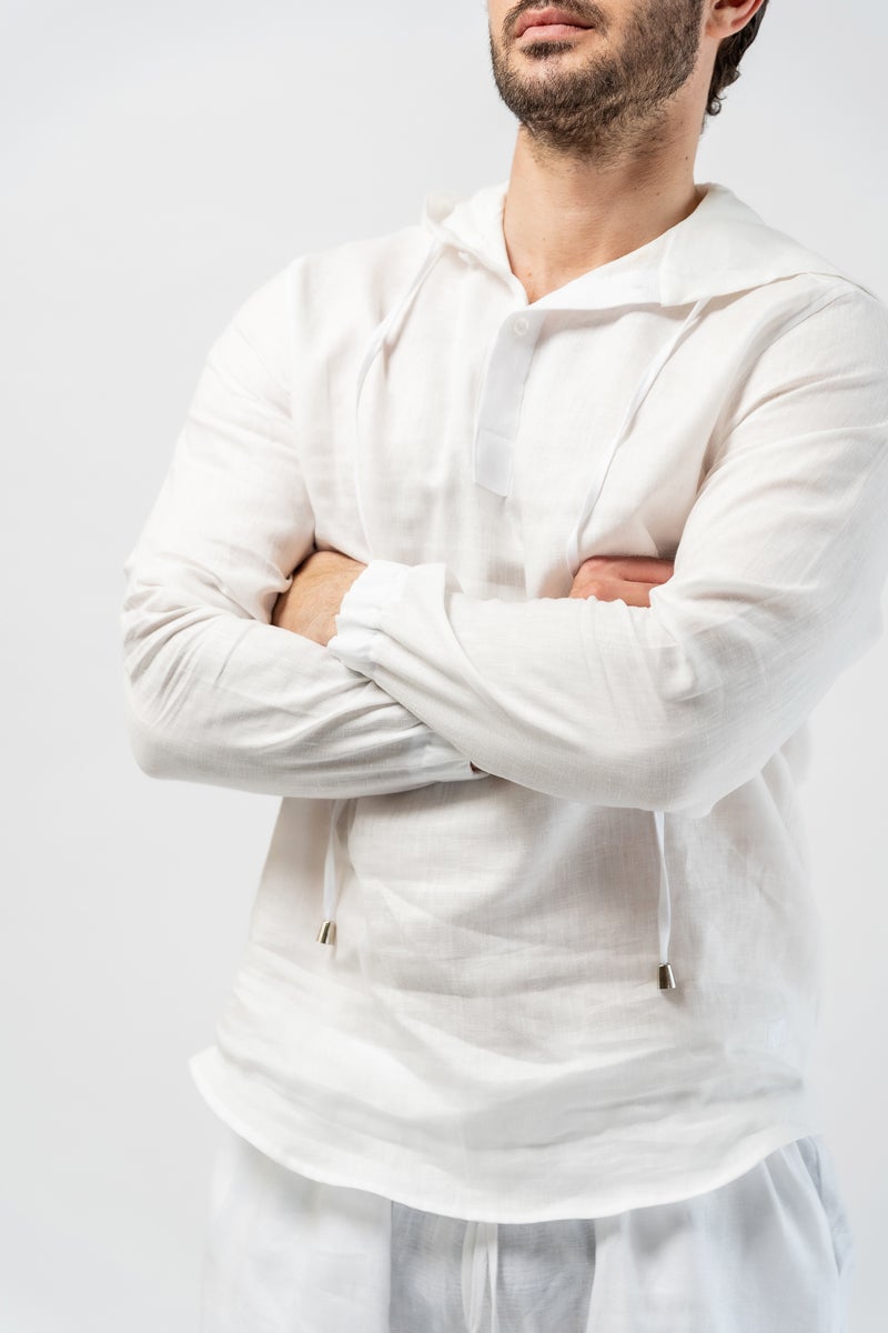 Madrid Linen Hoodie Shirt - Long Sleeve - White - Men's shirt- Tom Voyager SA - closeup