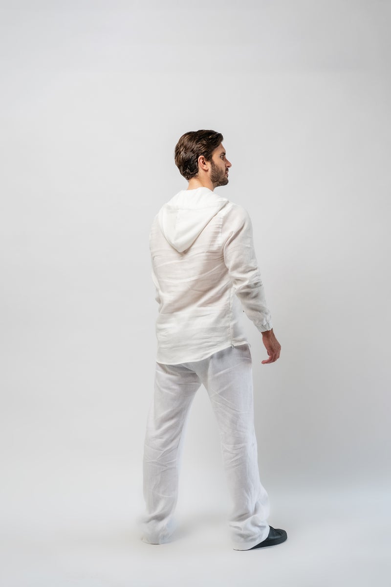 Madrid Linen Hoodie Shirt - Long Sleeve - White - Men's shirt- Tom Voyager SA - back view
