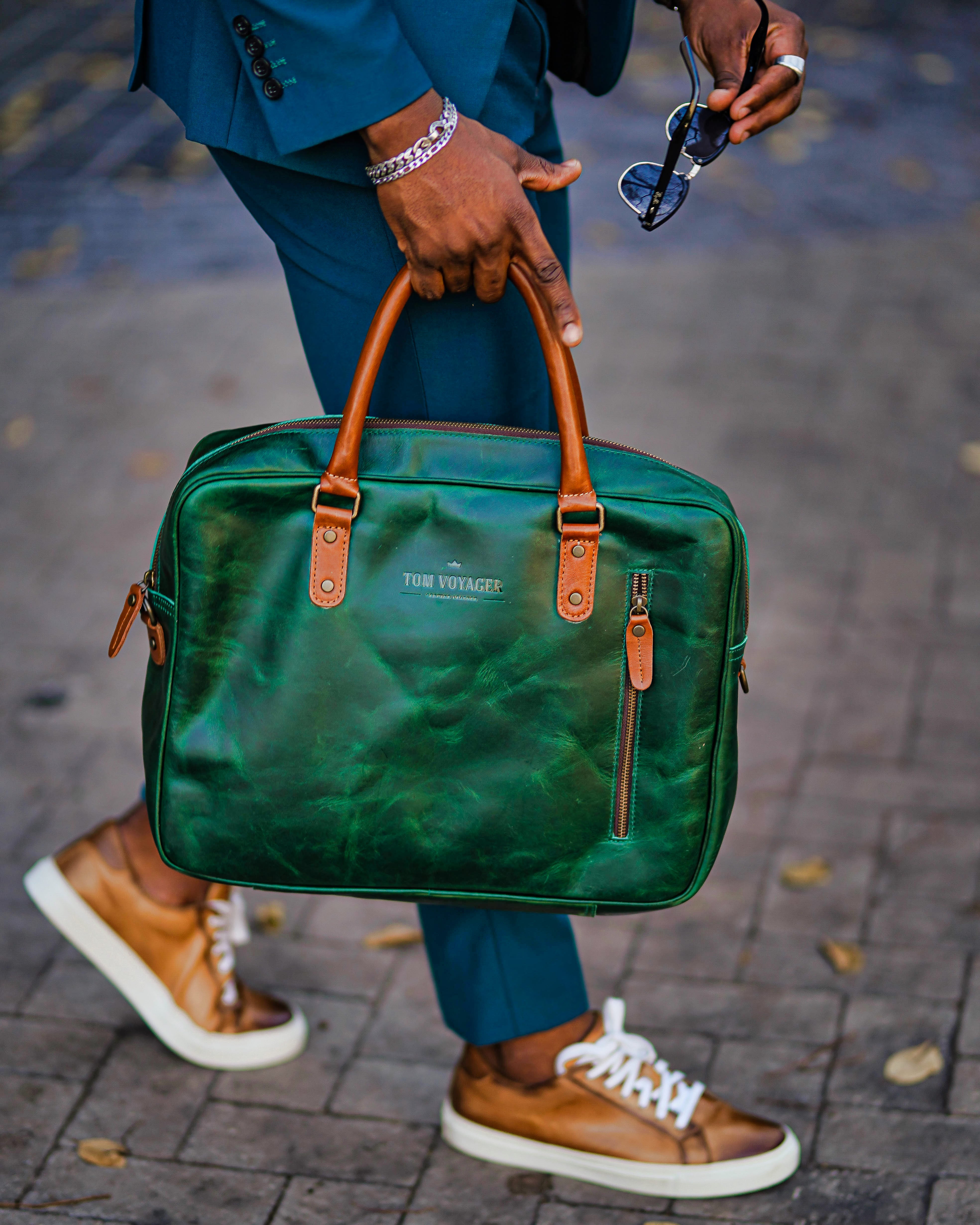 Emerald leather bag - genuine leather bag - messenger bag - emerald green - front view1